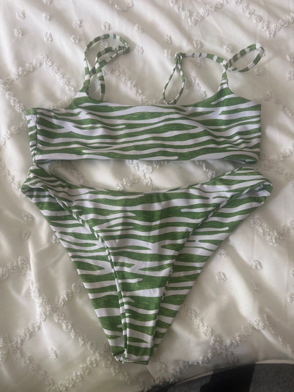 SHEIN Green and White Zebra Print Bikini Set